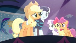 Size: 1280x720 | Tagged: safe, screencap, apple bloom, applejack, coloratura, scootaloo, sweetie belle, g4, the mane attraction, cutie mark crusaders, equestria the land i love, smiling