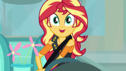 Size: 1280x720 | Tagged: safe, screencap, sunset shimmer, driving miss shimmer, equestria girls, equestria girls series, g4, cute, driving miss shimmer: fluttershy, female, fluttershy's car, seatbelt, shimmerbetes, smiling, solo, steering wheel