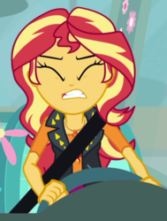 Size: 489x648 | Tagged: safe, screencap, sunset shimmer, driving miss shimmer, equestria girls, equestria girls series, g4, cropped, driving miss shimmer: fluttershy, female, geode of empathy, seatbelt, solo, steering wheel