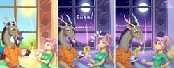 Size: 2250x878 | Tagged: safe, artist:ladychimaera, discord, fluttershy, princess celestia, princess luna, bat pony, draconequus, pegasus, anthro, g4, bat wings, celestia is not amused, clothes, comic, comic strip, comics, day, discobat, discord being discord, fangs, female, flutterbat, fluttershy is not amused, food, frown, implied princess celestia, implied princess luna, jewelry, look of disapproval, male, mare, moon, necklace, night, offscreen character, race swap, reeee, ship:discoshy, shipping, slit pupils, straight, tea, transformation, unamused, window