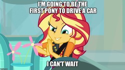Size: 888x499 | Tagged: safe, edit, edited screencap, screencap, sunset shimmer, driving miss shimmer, equestria girls, equestria girls series, g4, caption, car, driving miss shimmer: fluttershy, flower, image macro, imgflip, steering wheel, text