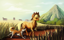 Size: 1893x1200 | Tagged: safe, artist:28gooddays, applejack, winona, cow, dog, earth pony, pony, g4, barn, cowboy hat, female, field, hat, mare, mountain, scenery, smiling, straw in mouth