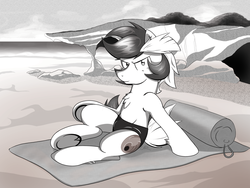 Size: 3200x2400 | Tagged: safe, artist:stec-corduroyroad, oc, oc only, oc:corduroy road, earth pony, pony, beach, black and white, clothes, grayscale, high res, looking at you, male, manga, monochrome, screentone, solo, stallion, summer, swimsuit