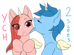 Size: 1067x800 | Tagged: safe, artist:yasuokakitsune, pegasus, pony, unicorn, advertisement, commission, duo, duo female, female, licking, tongue out, your character here