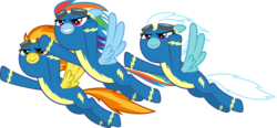 Size: 11807x5460 | Tagged: safe, artist:fruft, fleetfoot, rainbow dash, spitfire, g4, absurd resolution, clothes, flying, goggles, show accurate, simple background, transparent background, uniform, vector, wonderbolts, wonderbolts uniform
