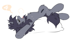 Size: 1036x585 | Tagged: dead source, safe, artist:hioshiru, oc, oc only, oc:kate, pony, unicorn, armpits, chest fluff, concave belly, exhausted, female, hot, leg fluff, lidded eyes, lying down, mare, messy mane, on back, open mouth, pillow, simple background, slender, solo, sweat, thin, tongue out