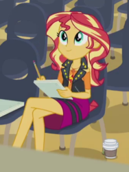 Size: 337x447 | Tagged: safe, screencap, sunset shimmer, equestria girls, equestria girls series, g4, rarity investigates: the case of the bedazzled boot, clothes, coffee, cropped, crossed legs, female, geode of empathy, jacket, leather, leather jacket, legs, sitting, skirt, solo