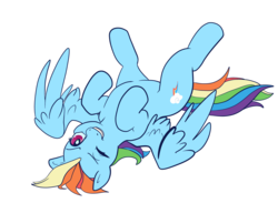 Size: 4464x3266 | Tagged: safe, artist:merry-carousel, rainbow dash, pony, g4, female, on back, one eye closed, simple background, smiling, solo, transparent background, wink