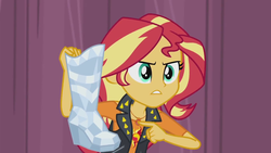 Size: 1280x720 | Tagged: safe, screencap, sunset shimmer, equestria girls, g4, my little pony equestria girls: better together, rarity investigates: the case of the bedazzled boot, bedazzled boot, boot, female, geode of empathy, solo