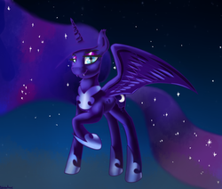 Size: 1980x1680 | Tagged: safe, artist:dukevonkessel, nightmare moon, alicorn, pony, g4, ethereal mane, eyeshadow, fangs, female, hoof shoes, horn, lidded eyes, looking at you, makeup, mare, raised hoof, smiling, solo, wings