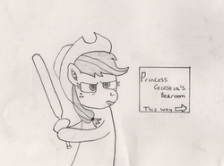 Size: 2342x1746 | Tagged: safe, artist:krafty kitsune, applejack, earth pony, pony, g4, angry, atg 2018, baseball bat, freckles, newbie artist training grounds, traditional art