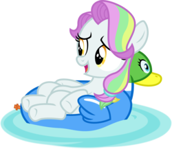 Size: 3537x3064 | Tagged: safe, artist:punzil504, coconut cream, earth pony, pony, g4, female, filly, high res, inflatable, inflatable bird, inflatable duck, inner tube, open mouth, pool toy, simple background, smiling, solo, transparent background, vector