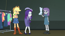 Size: 1280x720 | Tagged: safe, screencap, applejack, maud pie, rarity, equestria girls, g4, my little pony equestria girls: better together, rarity investigates: the case of the bedazzled boot, rarity investigates: the case of the bedazzled boot: applejack, bedazzled boot, geode of super strength, magical geodes