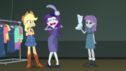 Size: 1280x720 | Tagged: safe, screencap, applejack, maud pie, rarity, equestria girls, g4, my little pony equestria girls: better together, rarity investigates: the case of the bedazzled boot, rarity investigates: the case of the bedazzled boot: applejack, applejack's hat, bedazzled boot, boots, cowboy boots, cowboy hat, faic, feather, female, geode of super strength, hat, high heels, magical geodes, pillbox hat, shoes, trio, trio female