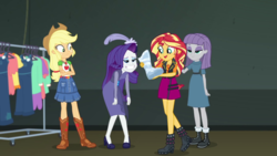 Size: 1280x720 | Tagged: safe, screencap, applejack, maud pie, rarity, sunset shimmer, equestria girls, g4, my little pony equestria girls: better together, rarity investigates: the case of the bedazzled boot, rarity investigates: the case of the bedazzled boot: applejack, geode of empathy, geode of super strength, magical geodes