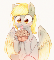 Size: 1963x2160 | Tagged: safe, artist:rizzych, derpy hooves, pegasus, pony, g4, blushing, female, food, happy, mare, muffin, simple background, solo, tongue out, white background
