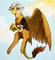 Size: 1959x2160 | Tagged: artist needed, source needed, safe, oc, oc:alviss, griffon, day, flying, griffon oc, looking back, male, sky, solo, sun, sunlight