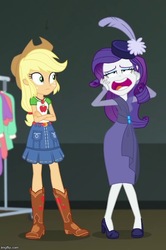 Size: 478x720 | Tagged: safe, screencap, applejack, rarity, equestria girls, g4, my little pony equestria girls: better together, rarity investigates: the case of the bedazzled boot, rarity investigates: the case of the bedazzled boot: applejack, applejack's hat, boots, clothes, cowboy boots, cowboy hat, cropped, denim skirt, duo, faic, feather, geode of super strength, hat, marshmelodrama, out of context, pillbox hat, rarity being rarity, skirt