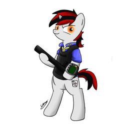 Size: 900x900 | Tagged: safe, artist:stanwuuz, oc, oc only, oc:blackjack, pony, unicorn, fallout equestria, fallout equestria: project horizons, armor, bipedal, clothes, fanfic, fanfic art, female, hooves, horn, jumpsuit, mare, pipbuck, security armor, simple background, solo, vault security armor, vault suit, white background