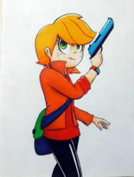 Size: 1512x2000 | Tagged: safe, artist:mustachedbain, applejack, human, g4, atg 2018, female, freckles, gun, humanized, newbie artist training grounds, simple background, solo, traditional art, weapon, white background
