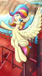 Size: 2160x3840 | Tagged: safe, artist:ravvij, oc, oc only, oc:golden gates, pegasus, pony, babscon, bridge, cute, female, flying, golden gates, happy, high res, hill, mare, road, smiling, solo, wings