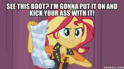 Size: 600x337 | Tagged: safe, edit, edited screencap, screencap, sunset shimmer, equestria girls, g4, my little pony equestria girls: better together, rarity investigates: the case of the bedazzled boot, boot, image macro, meme