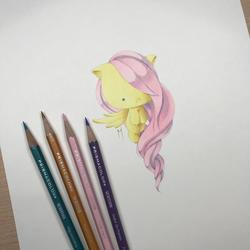 Size: 3024x3024 | Tagged: safe, artist:nana-marchae, fluttershy, pony, g4, chibi, colored pencil drawing, cute, female, flying, giant head, high res, solo, traditional art