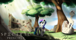 Size: 4096x2160 | Tagged: safe, artist:dranoellexa, oc, oc only, oc:spectral bolt, cat, pegasus, pony, commission, crepuscular rays, freckles, ruins, solo, statue, the talos principle, tree