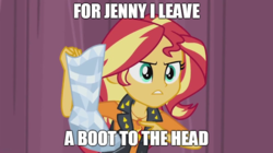Size: 888x499 | Tagged: safe, edit, edited screencap, screencap, sunset shimmer, equestria girls, g4, my little pony equestria girls: better together, rarity investigates: the case of the bedazzled boot, bedazzled boot, boot, boot to the head, geode of empathy, image macro, meme, the frantics