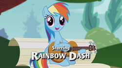 Size: 1920x1080 | Tagged: safe, screencap, rainbow dash, pegasus, pony, g4, bench, cute, dashabetes, female, foal house, full house, guitar, looking at you, mare, open mouth, outdoors, parody, sitting, smiling, solo, youtube link