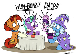 Size: 2264x1634 | Tagged: safe, artist:bobthedalek, firelight, starlight glimmer, stellar flare, trixie, pony, rabbit, unicorn, g4, bunnified, bunny out of the hat, candle, female, glowing horn, hat, horn, implied shipping, implied stellarlight, inconvenient trixie, magic, magic show, magic trick, male, mare, scrunchy face, shocked, simple background, species swap, stallion, table, telekinesis, top hat, transformation, white background