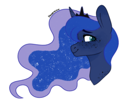 Size: 1360x1130 | Tagged: safe, artist:fioweress, princess luna, pony, g4, bust, crown, female, jewelry, looking back, mare, regalia, simple background, smiling, solo, transparent background