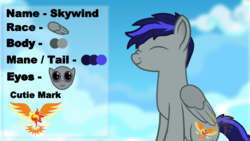Size: 1280x720 | Tagged: safe, artist:king-franchesco, oc, oc only, oc:skywind, pegasus, pony, eyes closed, hooves, male, reference, smiling, solo, stallion, text, wings
