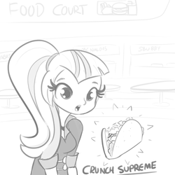 Size: 1650x1650 | Tagged: safe, artist:tjpones, sonata dusk, equestria girls, g4, my little pony equestria girls: rainbow rocks, clothes, cute, female, food, monochrome, sketch, solo, sonatabetes, sonataco, taco, that girl sure loves tacos, that siren sure does love tacos