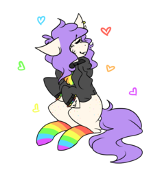 Size: 702x743 | Tagged: safe, artist:flamekitties, oc, oc only, oc:maxie (ice1517), earth pony, pony, bracelet, clothes, commission, cute, ear piercing, earring, eyes closed, female, freckles, gay pride, gay pride flag, heart, hoodie, jewelry, lgbt, mare, piercing, pride, pride flag, pride socks, rainbow socks, simple background, socks, solo, striped socks, transparent background