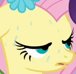 Size: 946x924 | Tagged: safe, screencap, fluttershy, rarity, g4, season 1, suited for success, clothes, cropped, dress, female, gala dress, lidded eyes, out of context, solo focus, sweat, sweating profusely, zoomed in