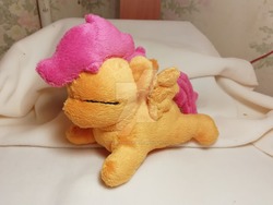 Size: 1024x768 | Tagged: safe, artist:king-franchesco, scootaloo, pegasus, pony, g4, blank flank, cute, deviantart watermark, eyes closed, female, filly, foal, irl, photo, plushie, prone, solo, sploot, spread wings, watermark, wings