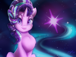 Size: 2629x2000 | Tagged: safe, artist:light262, starlight glimmer, crystal pony, pony, unicorn, g4, chest fluff, crystallized, cute, cutie mark, female, glimmerbetes, high res, looking at you, mare, signature, sitting, smiling, solo, space, stars, sweet dreams fuel