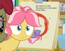 Size: 729x567 | Tagged: safe, edit, edited screencap, editor:korora, screencap, apple bloom, kettle corn, rainbow dash, rarity, tender taps, earth pony, pony, g4, marks and recreation, bow, canvas, circle, circle painting, clubhouse, colt, cropped, crusaders clubhouse, easel, equation, female, filly, foal, geometry, haiku, hair bow, male, math, pictures, smiling, solo focus, text