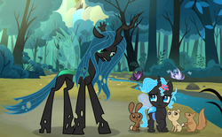 Size: 4440x2761 | Tagged: safe, artist:velveagicsentryyt, queen chrysalis, oc, oc:chrystallis, bird, changeling, changeling queen, changepony, rabbit, squirrel, g4, base used, female, flower, flower in hair, mother and daughter, offspring, parent:queen chrysalis