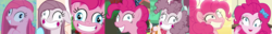 Size: 5224x676 | Tagged: safe, screencap, pinkie pie, earth pony, pony, equestria girls, equestria girls series, g4, my little pony: the movie, overpowered (equestria girls), party of one, ppov, yakity-sax, collage, contemplating insanity, derp, evolution, faic, female, happiness, happy, mare, pink, pinkamena diane pie, smiling, week