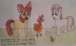 Size: 1823x1117 | Tagged: safe, artist:rapidsnap, apple bloom, scootaloo, sweetie belle, bird, chicken, earth pony, pony, unicorn, g4, atg 2018, female, filly, newbie artist training grounds, potion, scootachicken, shocked, species swap, traditional art, transformation