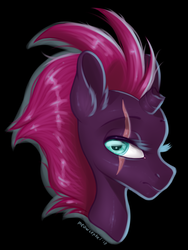 Size: 1978x2635 | Tagged: safe, artist:meowcephei, tempest shadow, pony, unicorn, g4, black background, broken horn, bust, eye scar, female, horn, portrait, scar, simple background, sketch, solo