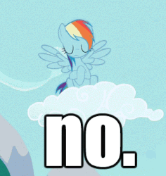 Size: 329x348 | Tagged: safe, edit, edited screencap, screencap, rainbow dash, pegasus, pony, g4, animated, caption, cloud, cropped, crossed hooves, eyes closed, female, gif, head shake, image macro, impact font, no, on a cloud, reaction gif, reaction image, solo, text