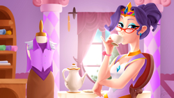 Size: 1920x1080 | Tagged: safe, artist:didj, rarity, human, my little mages, g4, carousel boutique, clothes, crown, cup, female, food, glasses, humanized, jewelry, raritea, regalia, solo, tea, teacup, teapot