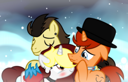 Size: 2005x1280 | Tagged: safe, artist:darbypop1, oc, oc:destiny blood, pony, unicorn, chester bennington, dream, female, hat, hug, male, mare, ponified, stallion, stan laurel