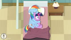 Size: 1024x577 | Tagged: safe, artist:xytranix, rainbow dash, twilight sparkle, alicorn, pegasus, pony, fanfic:i'll always be here for you, g4, bed, cuddling, female, hospital bed, lesbian, ship:twidash, shipping, show accurate, spooning, twilight sparkle (alicorn)