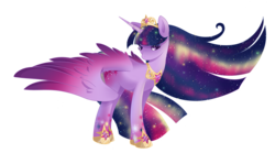 Size: 1063x591 | Tagged: safe, artist:sylphlox, twilight sparkle, alicorn, pony, g4, big crown thingy, element of magic, ethereal mane, female, galaxy mane, hoof shoes, jewelry, mare, rainbow power, regalia, simple background, solo, spread wings, starry mane, transparent background, twilight sparkle (alicorn), ultimate twilight, wings