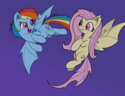 Size: 2602x2000 | Tagged: safe, artist:esfelt, fluttershy, rainbow dash, bat pony, pony, g4, bat ponified, female, flutterbat, flying, high res, looking at each other, mare, night, race swap, rainbowbat, stars