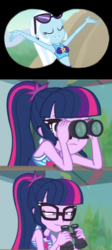 Size: 1152x2568 | Tagged: safe, edit, edited screencap, screencap, sci-twi, trixie, twilight sparkle, equestria girls, equestria girls specials, g4, my little pony equestria girls: better together, my little pony equestria girls: forgotten friendship, unsolved selfie mysteries, belly button, bikini, bikini top, binoculars, clothes, eyes closed, female, geode of telekinesis, glasses, lesbian, midriff, one-piece swimsuit, ponytail, sci-twi swimsuit, ship:sci-twixie, ship:twixie, shipping, sunglasses, swimsuit, trixie's swimsuit